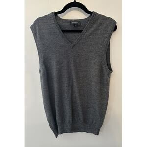 Mens Sweater Vest Express Design Studio Gray V-Neck Merino Wool Large Academic